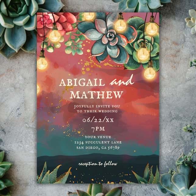 Beautiful Succulent Cactus Sunset Evening Wedding Invitation (Creator Uploaded)