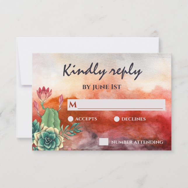 Beautiful Succulent Sunset Burnt Orange Wedding RSVP Card (Front)