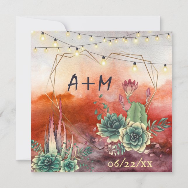 Beautiful Succulent Sunset Heart Geometric Wedding Invitation (Front)