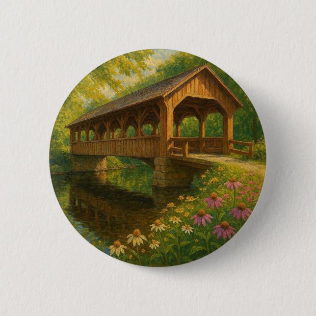 Beautiful summer covered bridge art 6 cm round badge (Front)