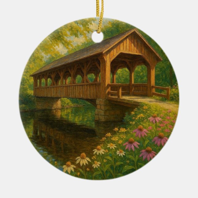 Beautiful summer covered bridge art ceramic tree decoration (Front)