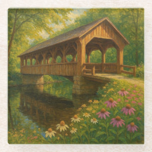 Beautiful summer covered bridge art glass coaster