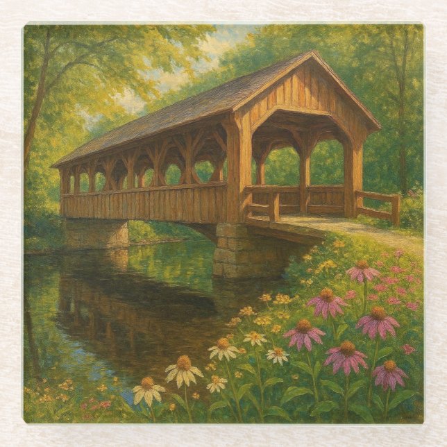 Beautiful summer covered bridge art glass coaster (Front)