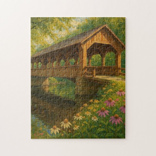 Beautiful summer covered bridge art jigsaw puzzle (Vertical)