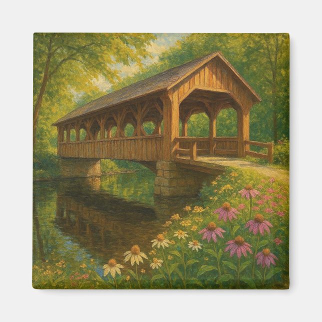 Beautiful summer covered bridge art magnet (Front)