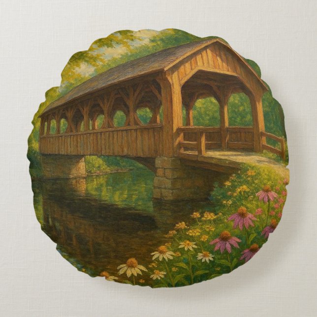Beautiful summer covered bridge art round cushion (Front)