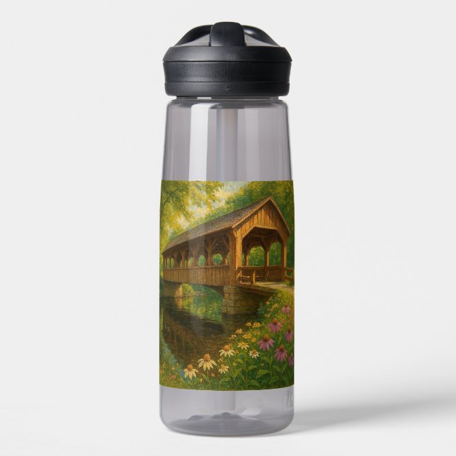 Beautiful summer covered bridge art water bottle (Front)