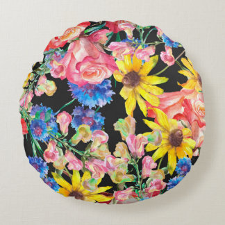 Beautiful Summer flowers with roses. Floral seamle Round Cushion