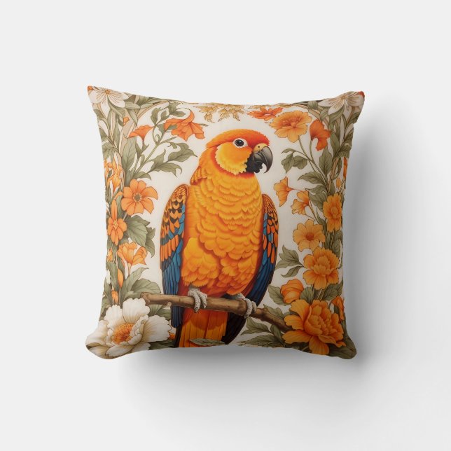 Beautiful Sun Conure William Morris Inspired Cushion (Front)