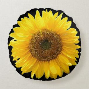 Beautiful Sunflower on Black Round Cushion