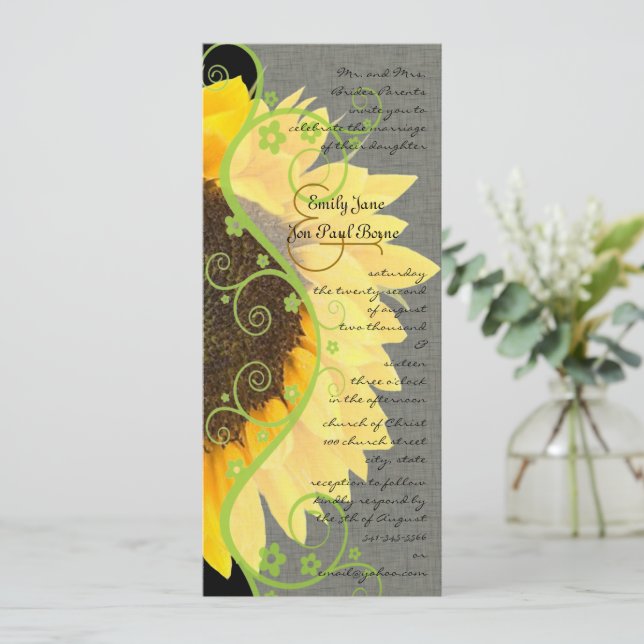 Beautiful Sunflower on Black Wedding Invitation (Standing Front)