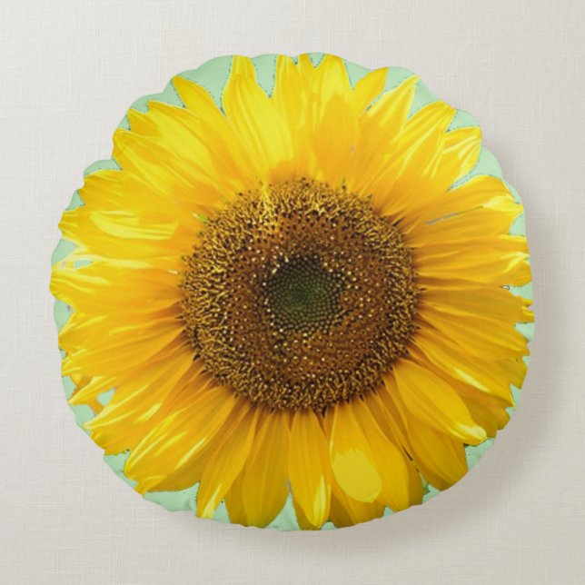 Beautiful Sunflower on Light Green Round Pillow (Front)