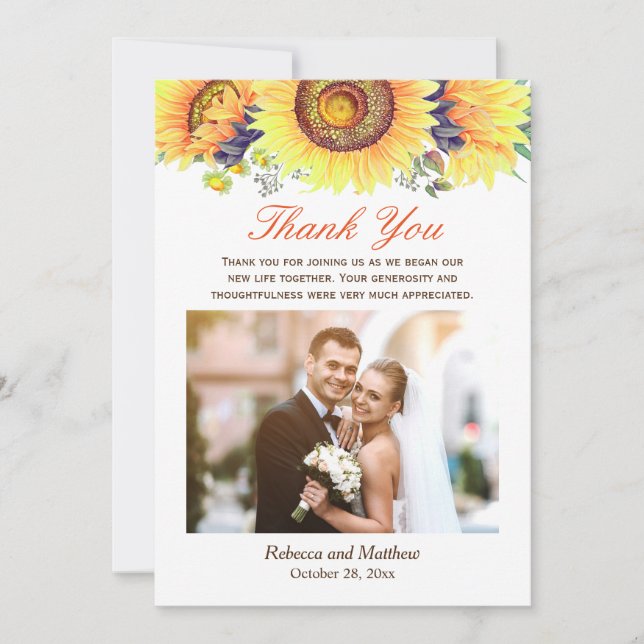 Beautiful Sunflower Rustic Wedding Photo Thank You (Front)