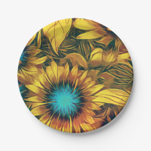 Beautiful Sunflower Yellow Teal Floral Pattern Paper Plate