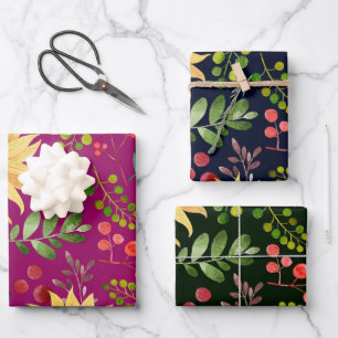 Beautiful Sunflowers and Berries Watercolor  Wrapp Wrapping Paper Sheet