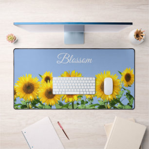 Beautiful Sunflowers and Text on Sky Blue Desk Mat