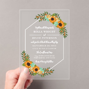 Beautiful Sunflowers Hexagon Frame Floral Wedding Acrylic Invitations