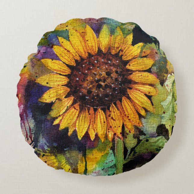 Beautiful Sunflowers In Watercolor  Round Cushion (Front)