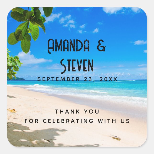 Beautiful Sunny Tropical Beach Photo Wedding Square Sticker (Front)