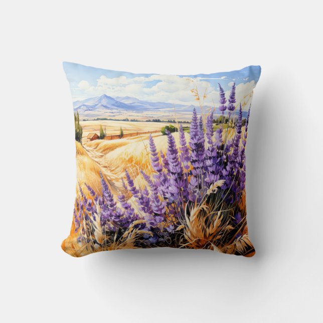 Beautiful Sunny Watercolor Prairie Landscape Cushion (Front)
