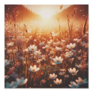 Beautiful Sunrise Spring Meadow White Wildflowers Poster