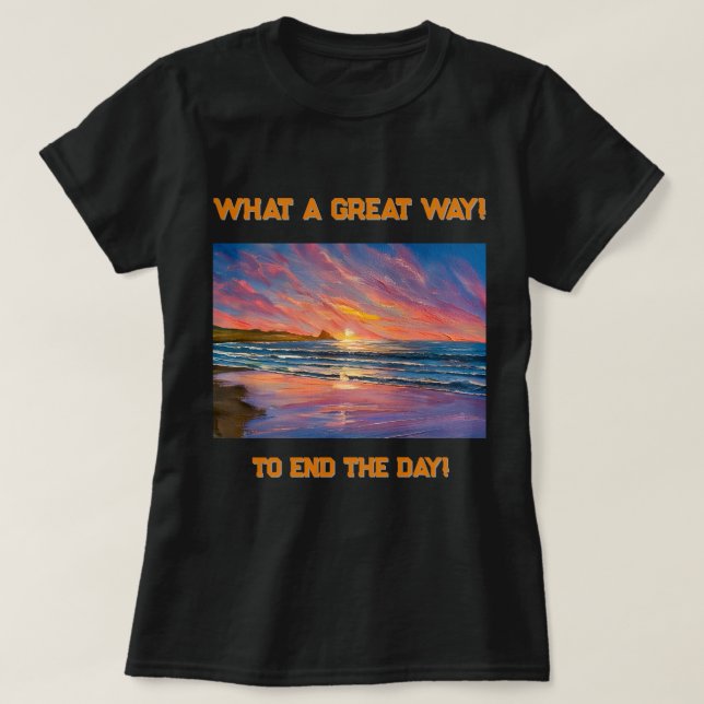 Beautiful Sunset at the Beach Watercolor Painting T-Shirt (Design Front)