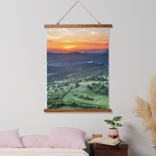 Beautiful sunset behind green fields hanging tapestry (Bedroom)
