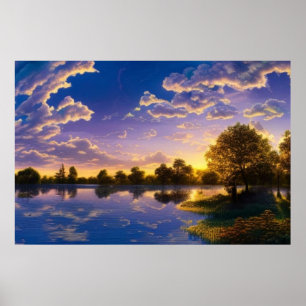 Beautiful sunset blue sky clouds water trees sun poster