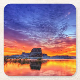 Beautiful Sunset-Lake-Rock Formation Square Paper Coaster