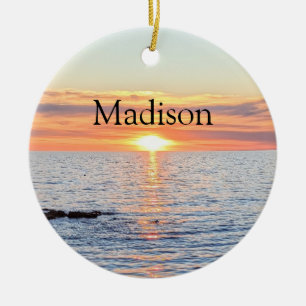 Beautiful Sunset Merry Christmas Custom Name Ceramic Tree Decoration