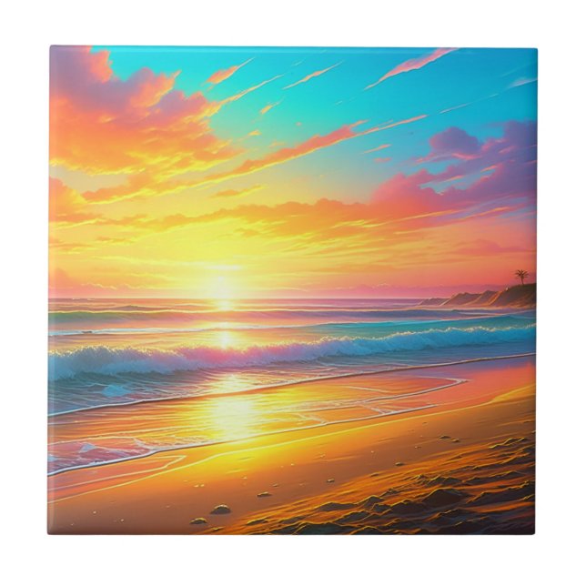 Beautiful Sunset on the Ocean Sandy Beach Tile (Front)