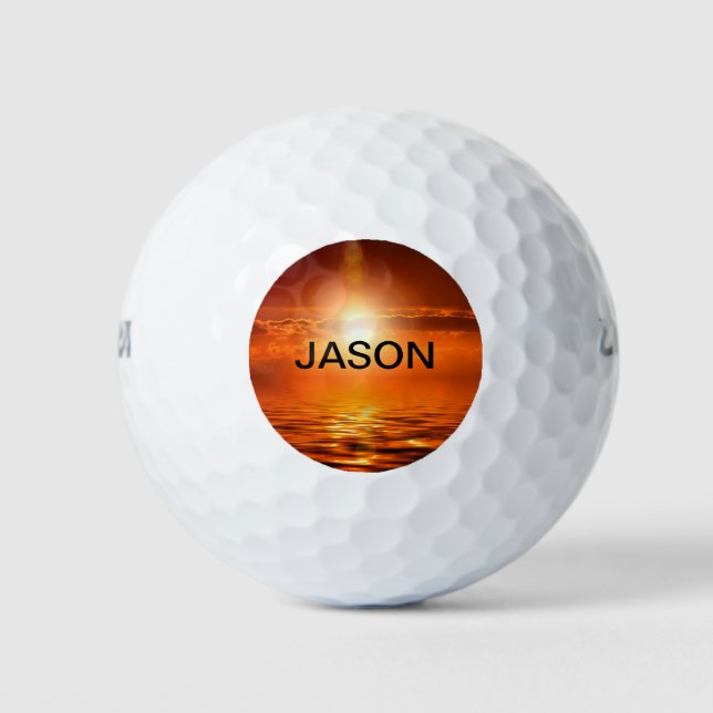 Beautiful Sunset Orange Golden Sky Sea Gold Name Golf Balls (Front)