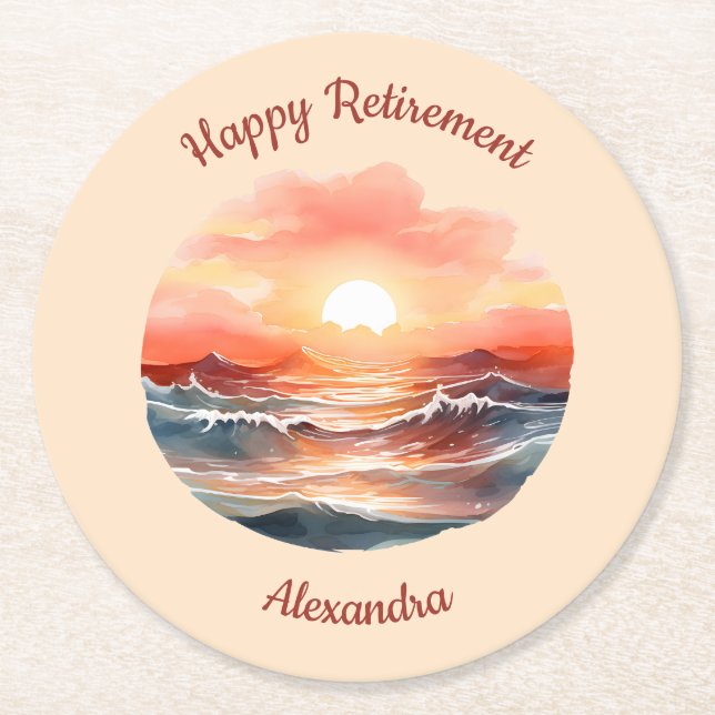 Beautiful Sunset Over Ocean Waves Retirement Round Paper Coaster (Front)