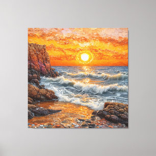 Beautiful Sunset Over the Ocean with Waves Canvas Print