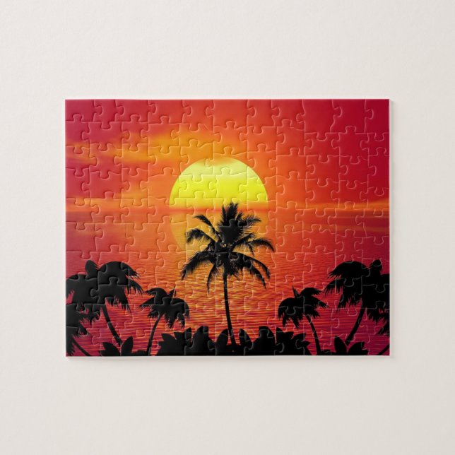 Beautiful Sunset Scene Palm Trees Bright Cool Jigsaw Puzzle (Horizontal)