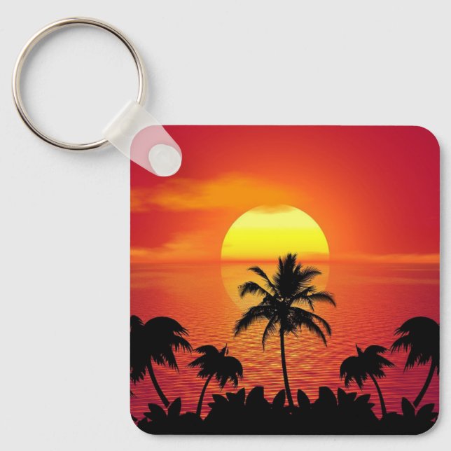 Beautiful Sunset Scene Palm Trees Bright Cool Key Ring (Front)