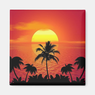 Beautiful Sunset Scene Palm Trees Bright Cool Magnet