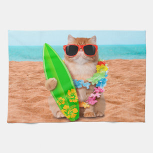 Beautiful surfer cat on the beach tea towel