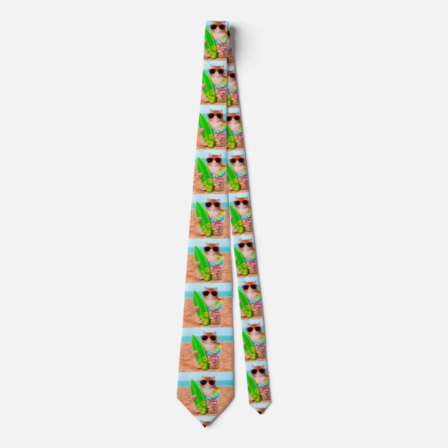 Beautiful surfer cat on the beach tie (Front)