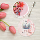 Beautiful Swan Floral Damask Baby Shower Favour Round Paper Coaster<br><div class="desc">Discover the enchanting charm of our "Beautiful Swan Pink Floral Damask Girl Baby Shower" collection. Immerse yourself in the elegance of a swan captured in its most breathtaking moment, wings spread in a graceful display. Delicate pink lotus flowers adorn the foreground, their petals gently kissing the water's edge against a...</div>