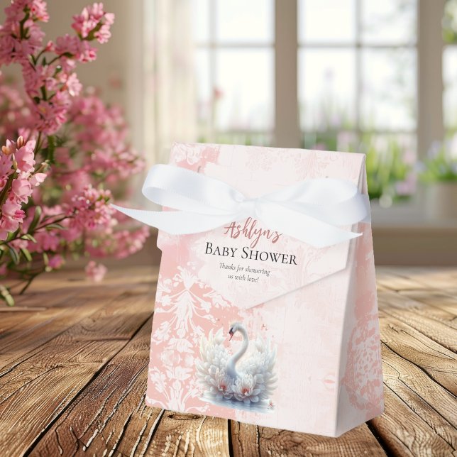Beautiful Swan Pink Floral Damask Girl Baby Shower Favour Box (Beautiful Swan Pink Floral Damask Girl Baby Shower Favor Bag)