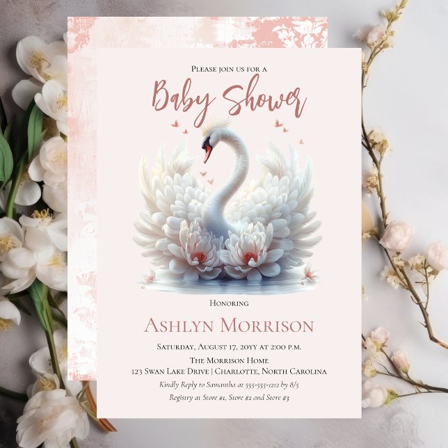 Beautiful Swan Pink Floral Damask Girl Baby Shower Invitation (Beautiful Swan Pink Floral Damask Girl Baby Shower Invitation)