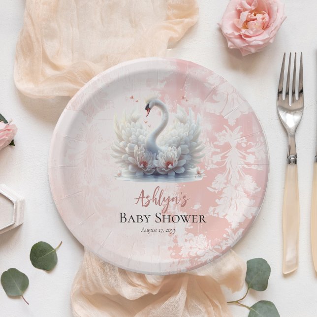 Beautiful Swan Pink Floral Damask Girl Baby Shower Paper Plate (Beautiful Swan Pink Lotus Flowers Floral and Damask Girl Baby Shower Paper Plates)