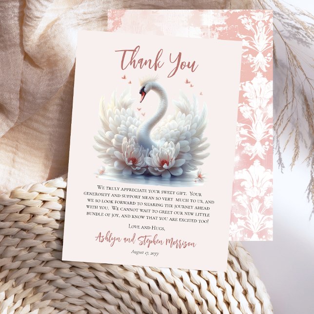 Beautiful Swan Pink Floral Damask Girl Baby Shower Thank You Card (Beautiful Swan Pink Floral Damask Girl Baby Shower Thank You Card)