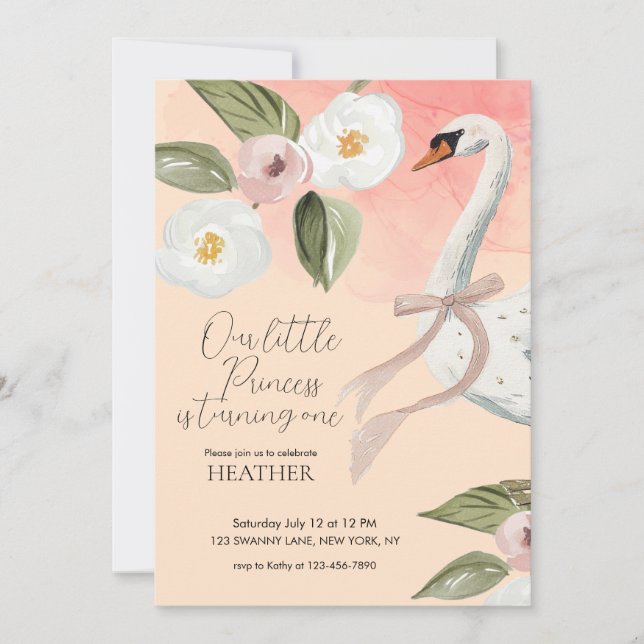 Beautiful Swan Princess Enchanted First Birthday  Invitation (Front)