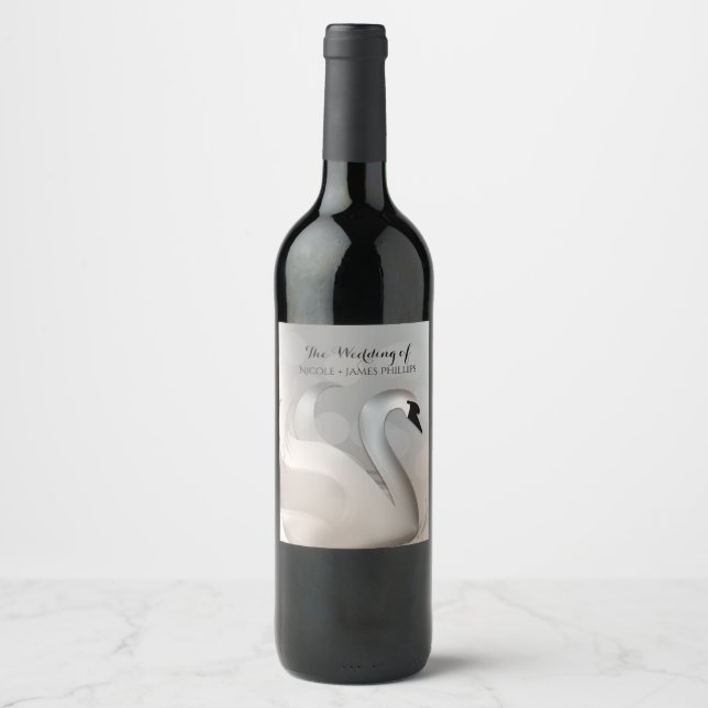 Beautiful Swan White & Silver Elegant Custom Wine Label (Front)