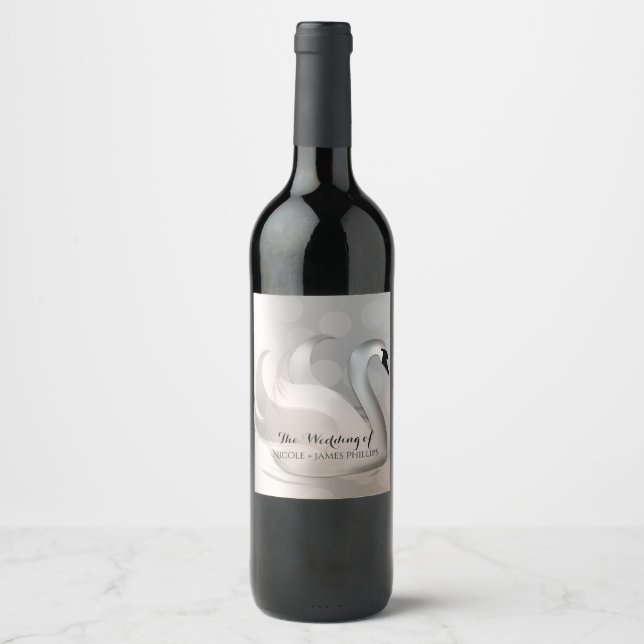Beautiful Swan White & Silver Elegant Custom Wine Label (Front)