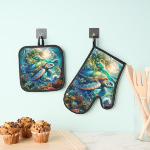 Beautiful Swimming Sea Turtle Quilted Oven Mitt & Pot Holder Set