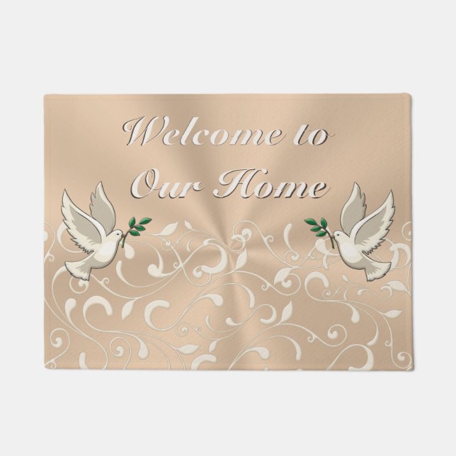 Beautiful Taupe Indoor Welcome to Our Home Mat (Front)