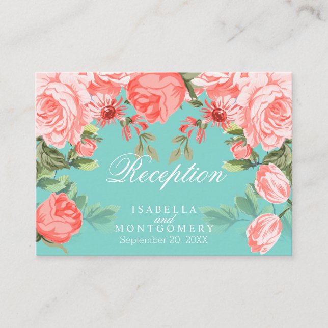 Beautiful Teal and Coral Floral Design - Reception Enclosure Card (Front)